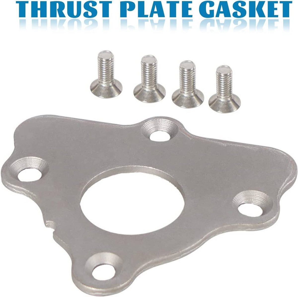 Gray thrust plate gasket with center bore and four silver screws