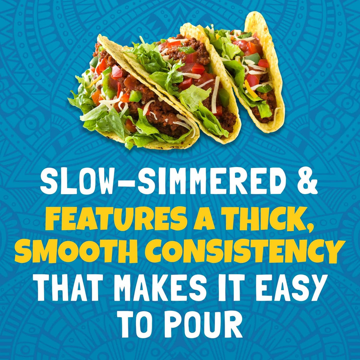 Mild taco sauce promotional graphic with taco shown and pouring consistency text