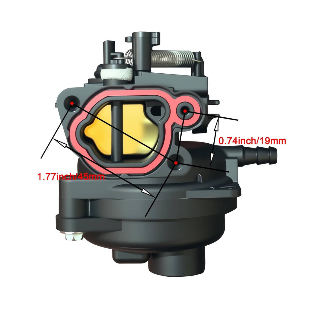 Carburetor replacement with red dimension markers on dark housing and intake tube
