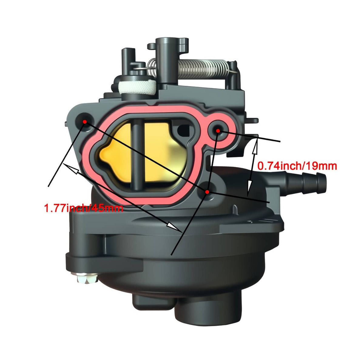 Carburetor replacement with red dimension markers on dark housing and intake tube