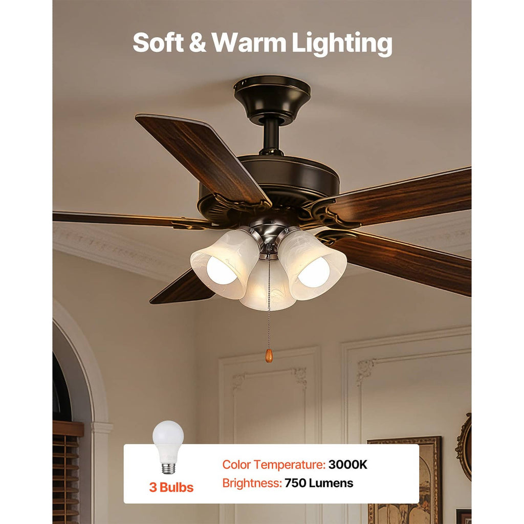 3-light ceiling fan light kit with white glass shades lit for warm room lighting
