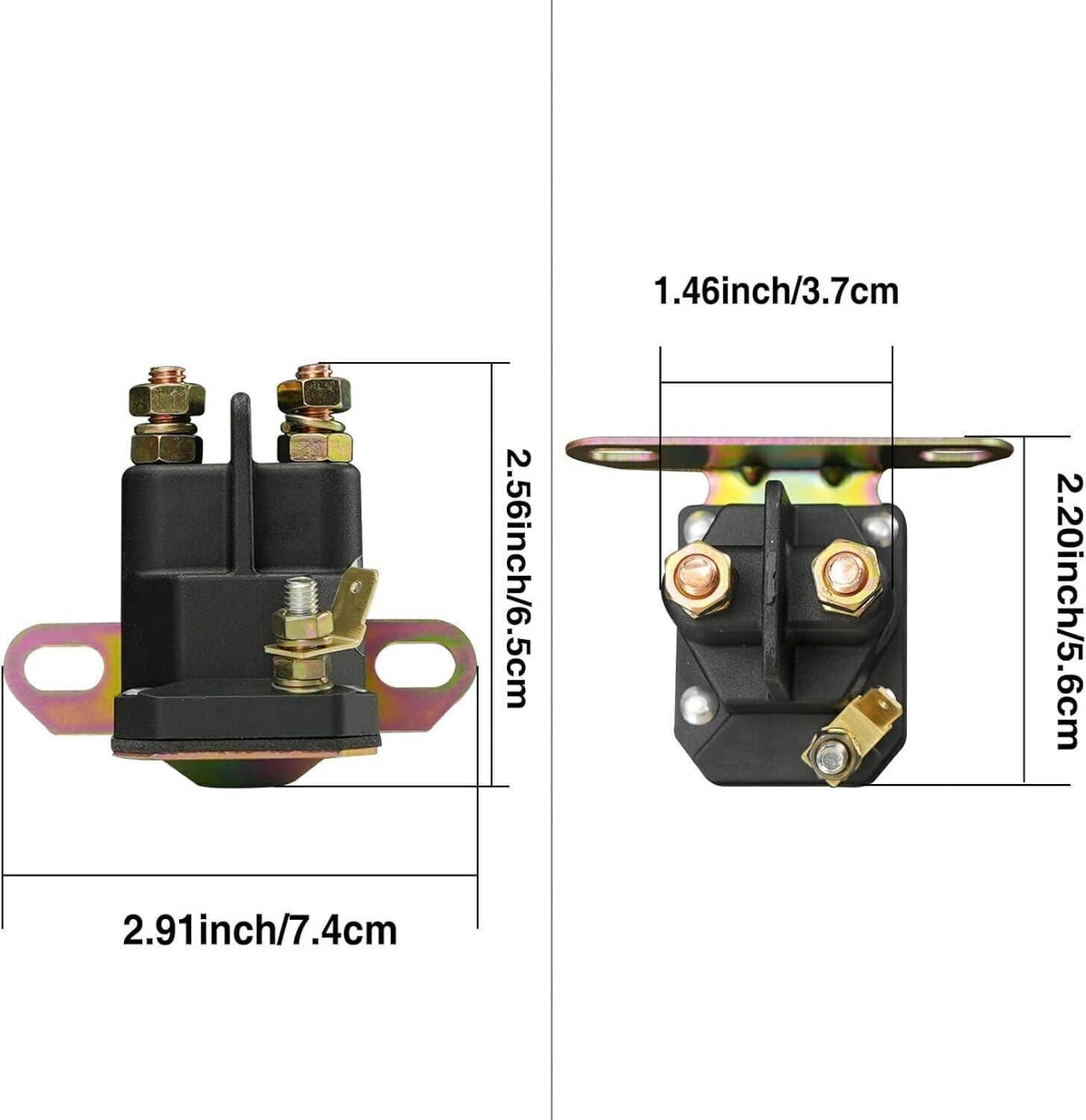Black solenoid starter assembly with two copper terminals and side mounting brackets