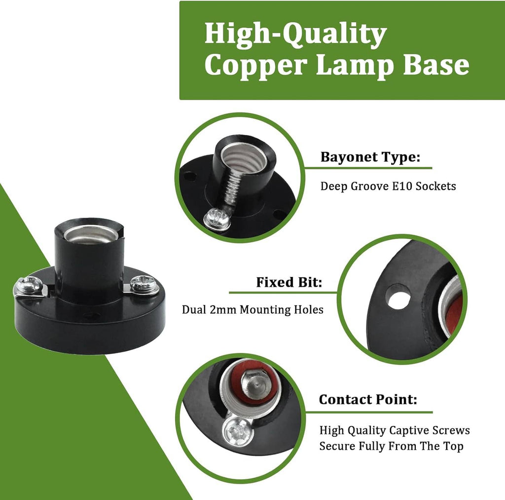 Black E10 bayonet lamp socket with threaded metal insert, mounting and contact details