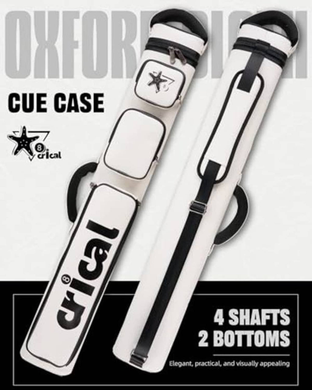 White pool cue case with black strap closures and protective padded end compartments
