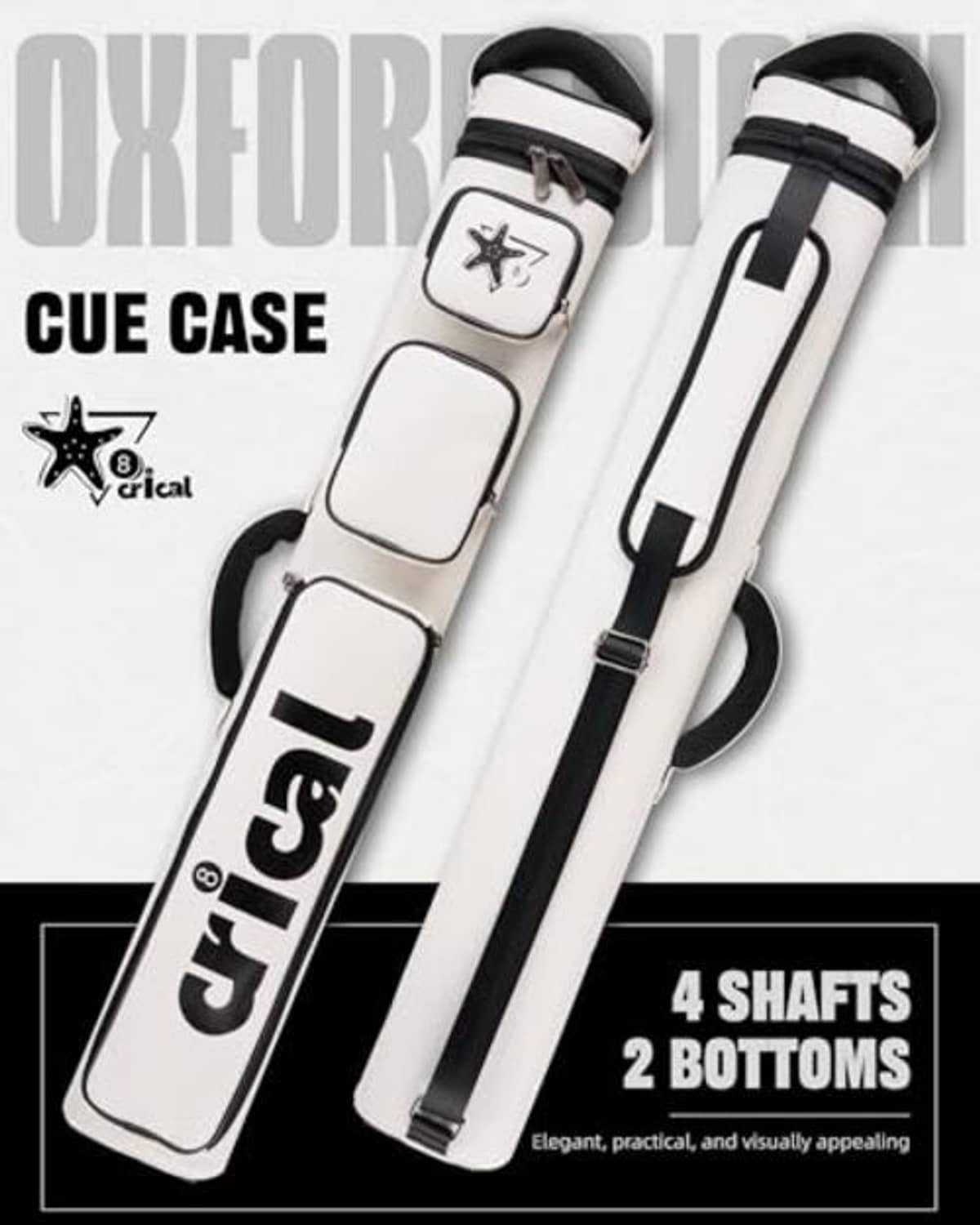 White pool cue case with black strap closures and protective padded end compartments