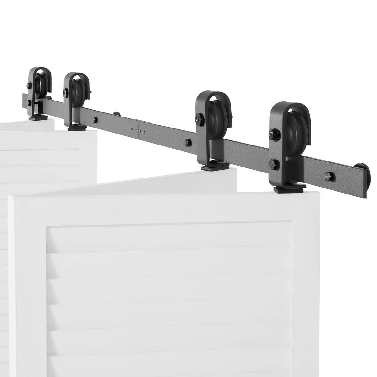 Bi-fold sliding barn door hardware track with four black roller brackets