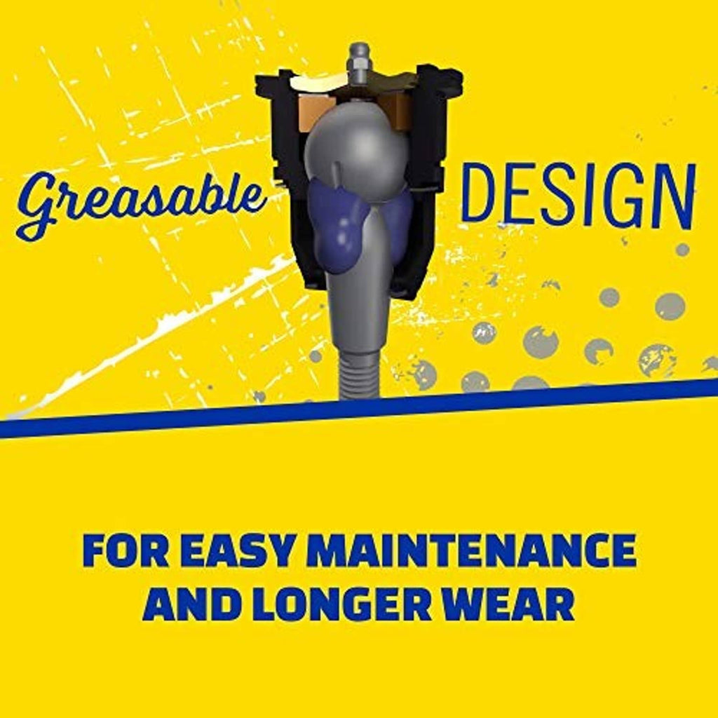 Greaseable suspension ball joint promotional graphic with lubricant icon illustrations