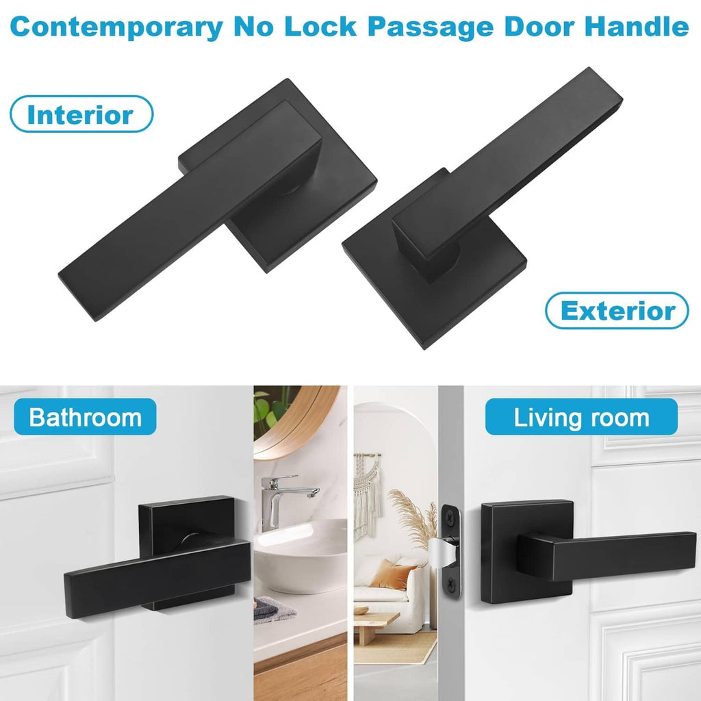 Matte black non-locking passage door handle with interior and exterior lever design