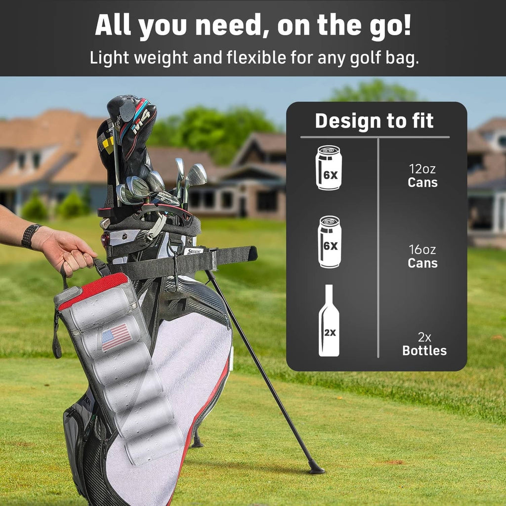 Gray and red insulated golf bag cooler with zip front and shoulder strap