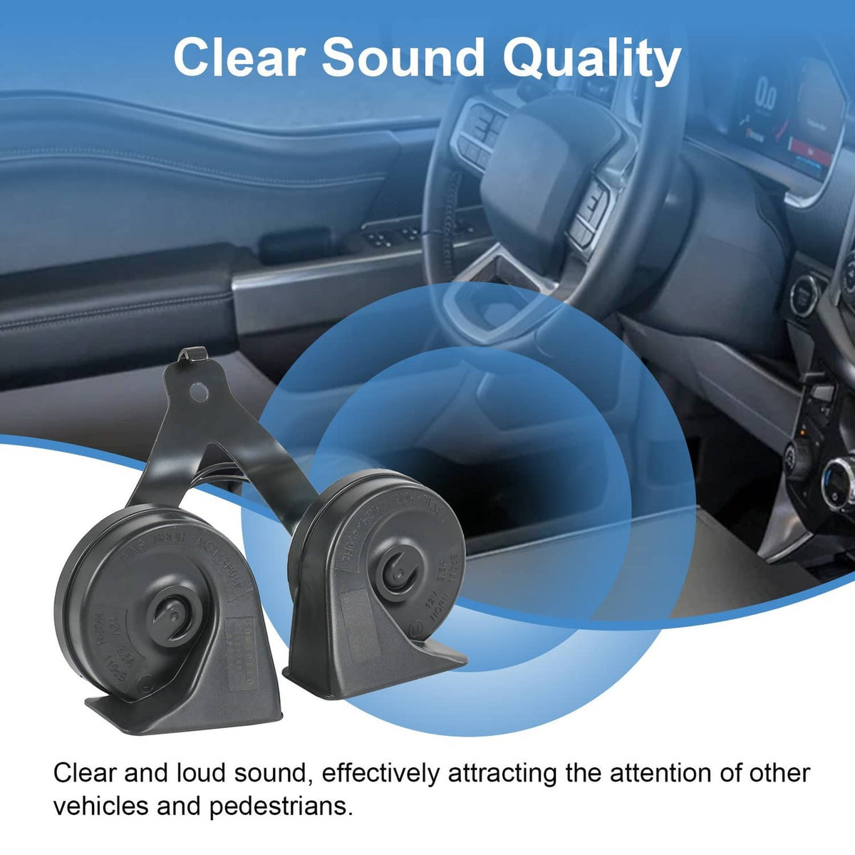 Dual horn assembly with two black horns and a mounting bracket, front angled view