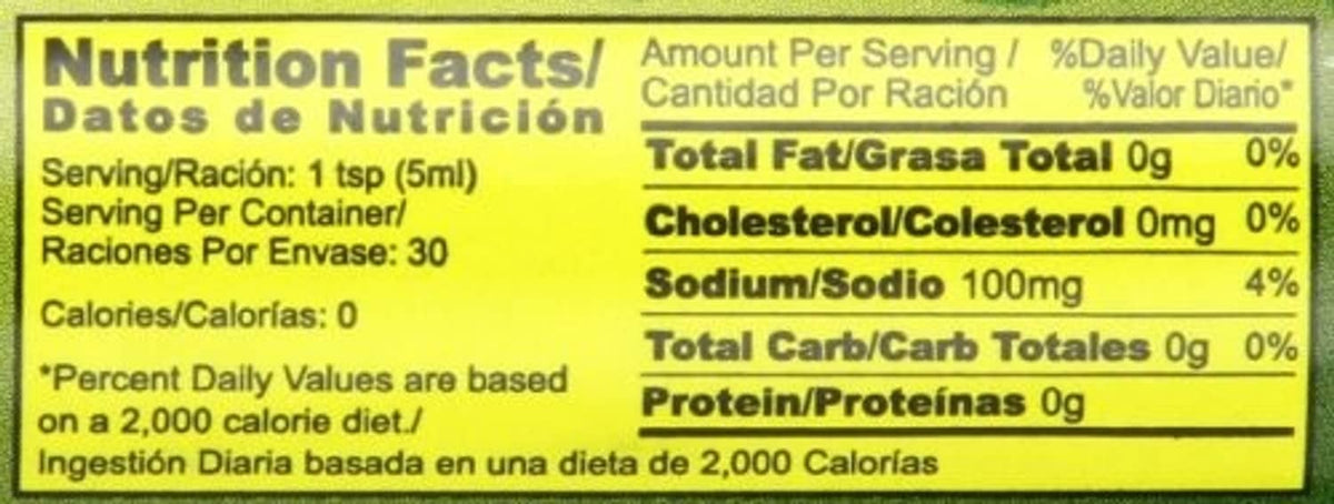 Nutrition facts panel on El Yucateco jalapeno hot sauce, serving size 1 tsp