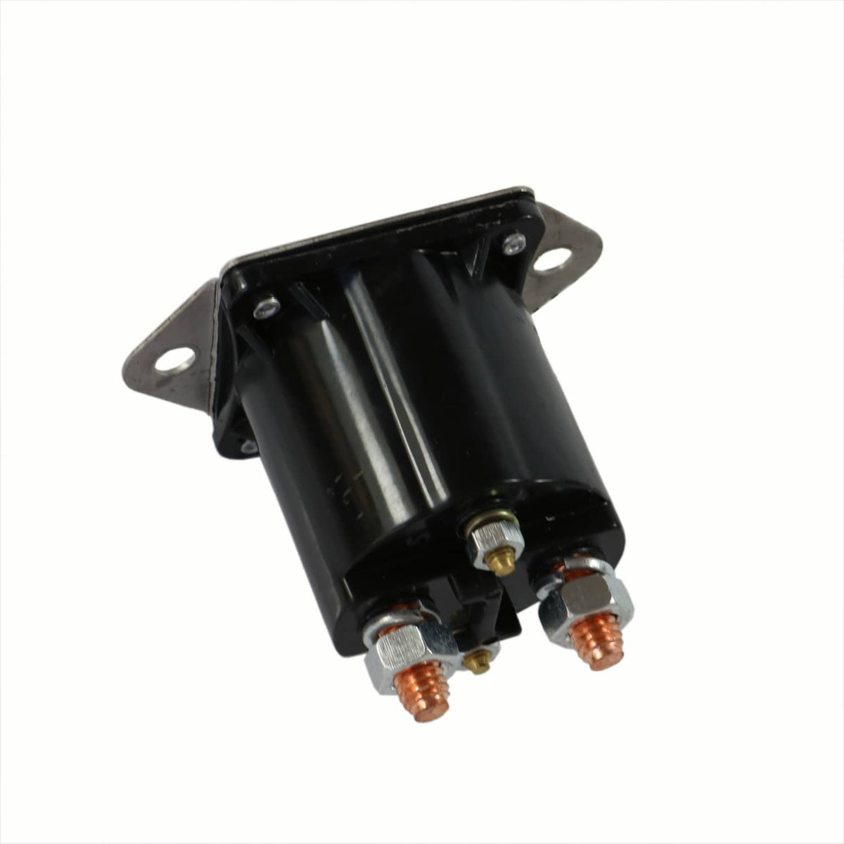 Black solenoid with side housing and two copper terminals, wall-mount bracket