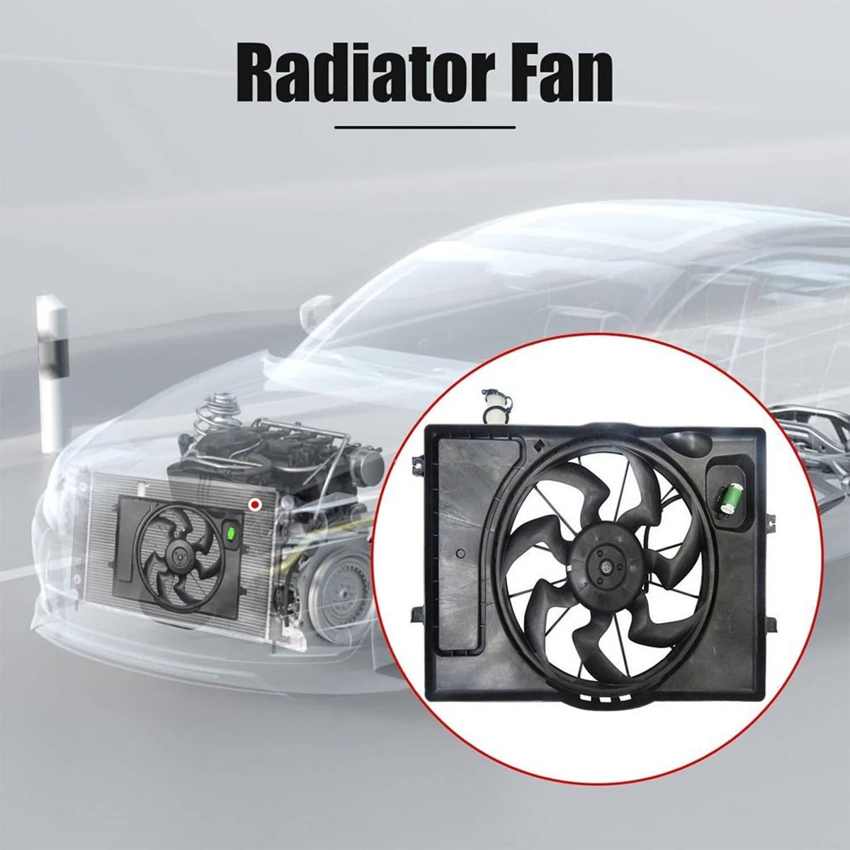 Radiator fan unit shown with a separate black fan assembly for cooling