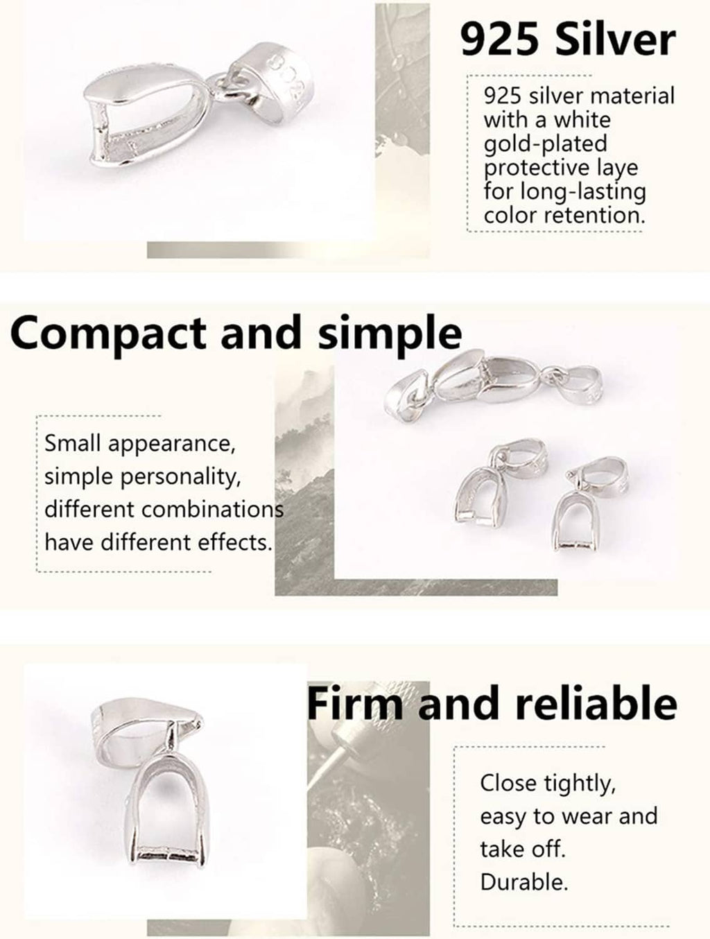 925 sterling silver pendant bail connectors, compact open-loop clasp pair