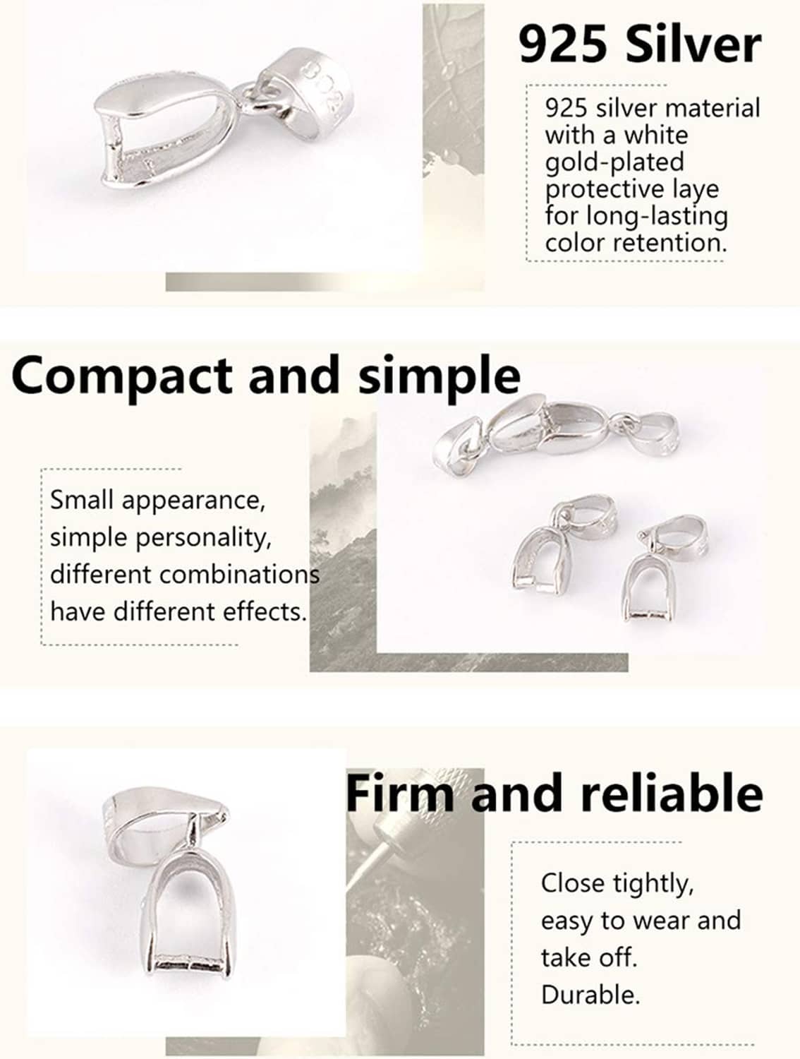925 sterling silver pendant bail connectors, compact open-loop clasp pair