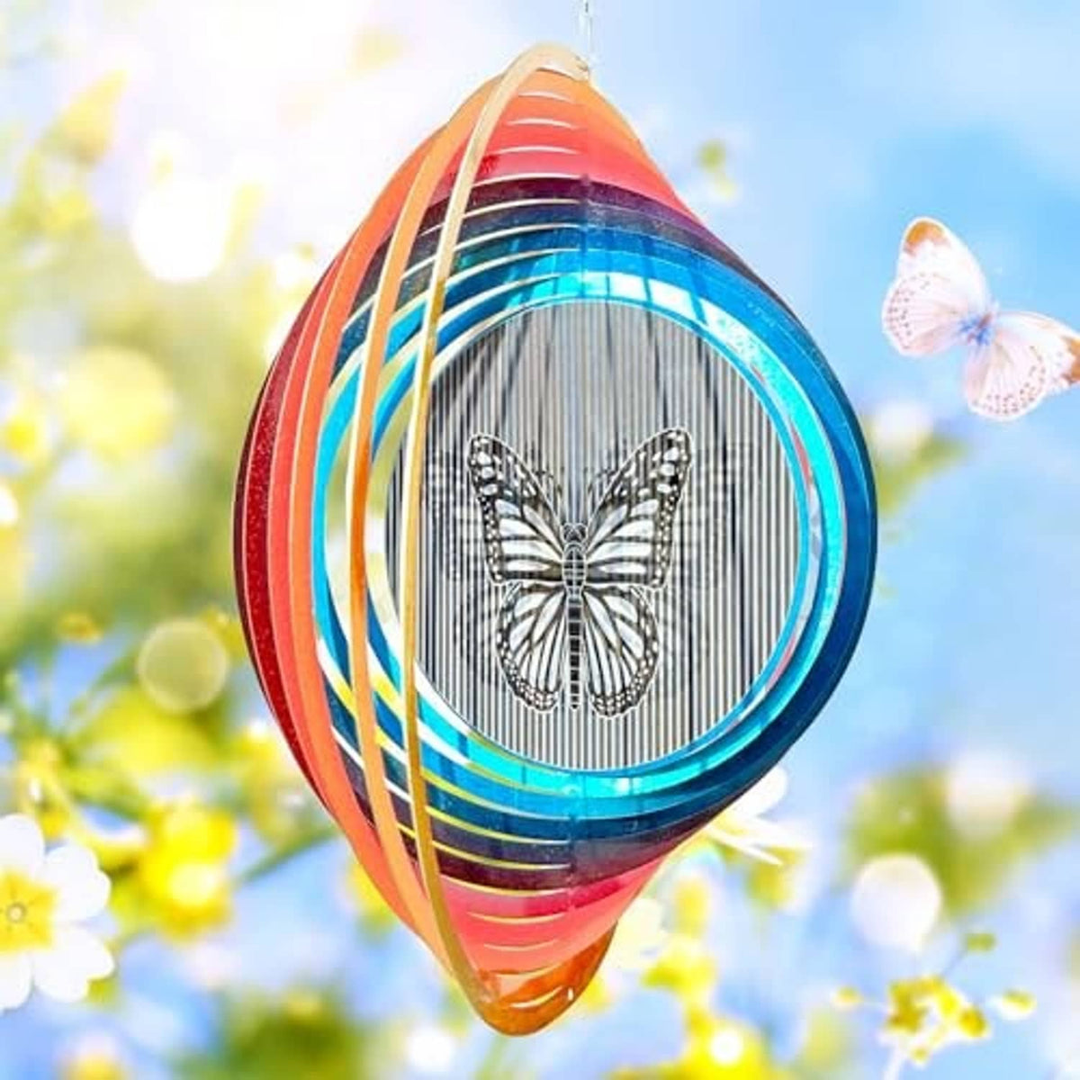 Rainbow teardrop wind spinner with butterfly medallion and two hanging butterfly charms
