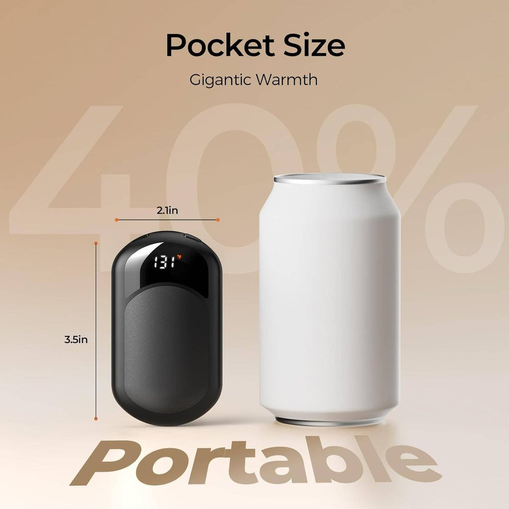 Compact black rechargeable hand warmer with pocket-size diagram and temperature screen