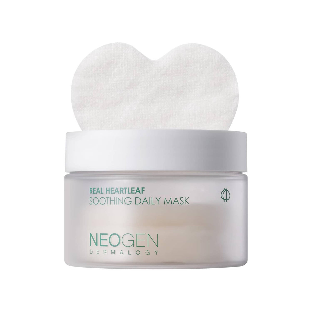 Skincare jar and heart-shaped pad labeled NEOGEN DERMALOGY heartleaf soothing daily mask