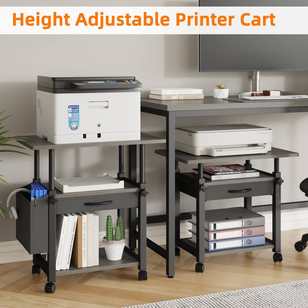 Height-adjustable printer cart with gray shelves, drawer, and rolling casters