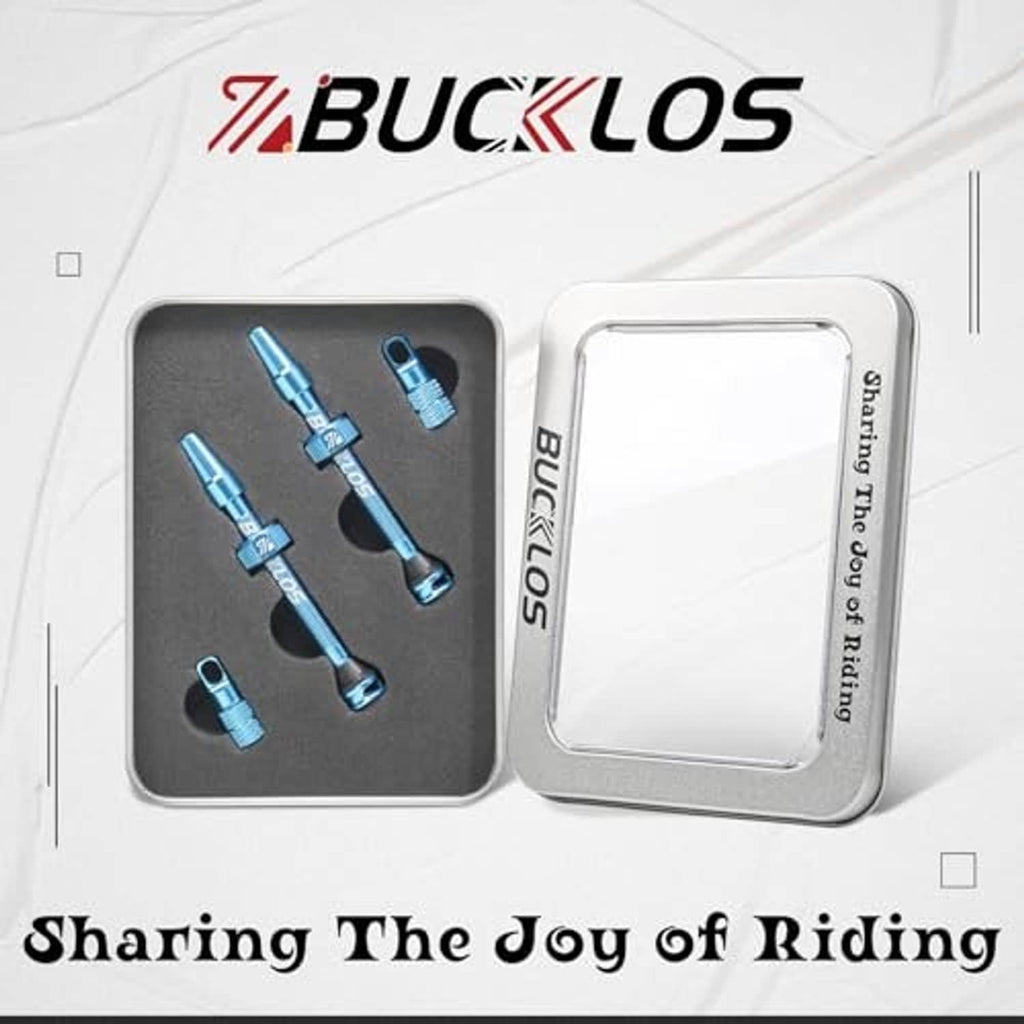 Bucklos Presta valve stem kit in retail box with blue stems and caps