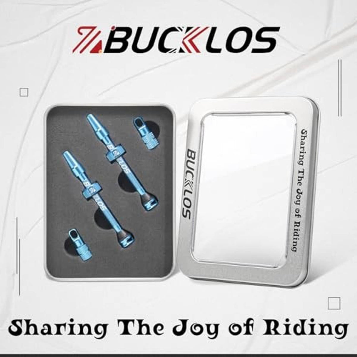 Bucklos Presta valve stem kit in retail box with blue stems and caps