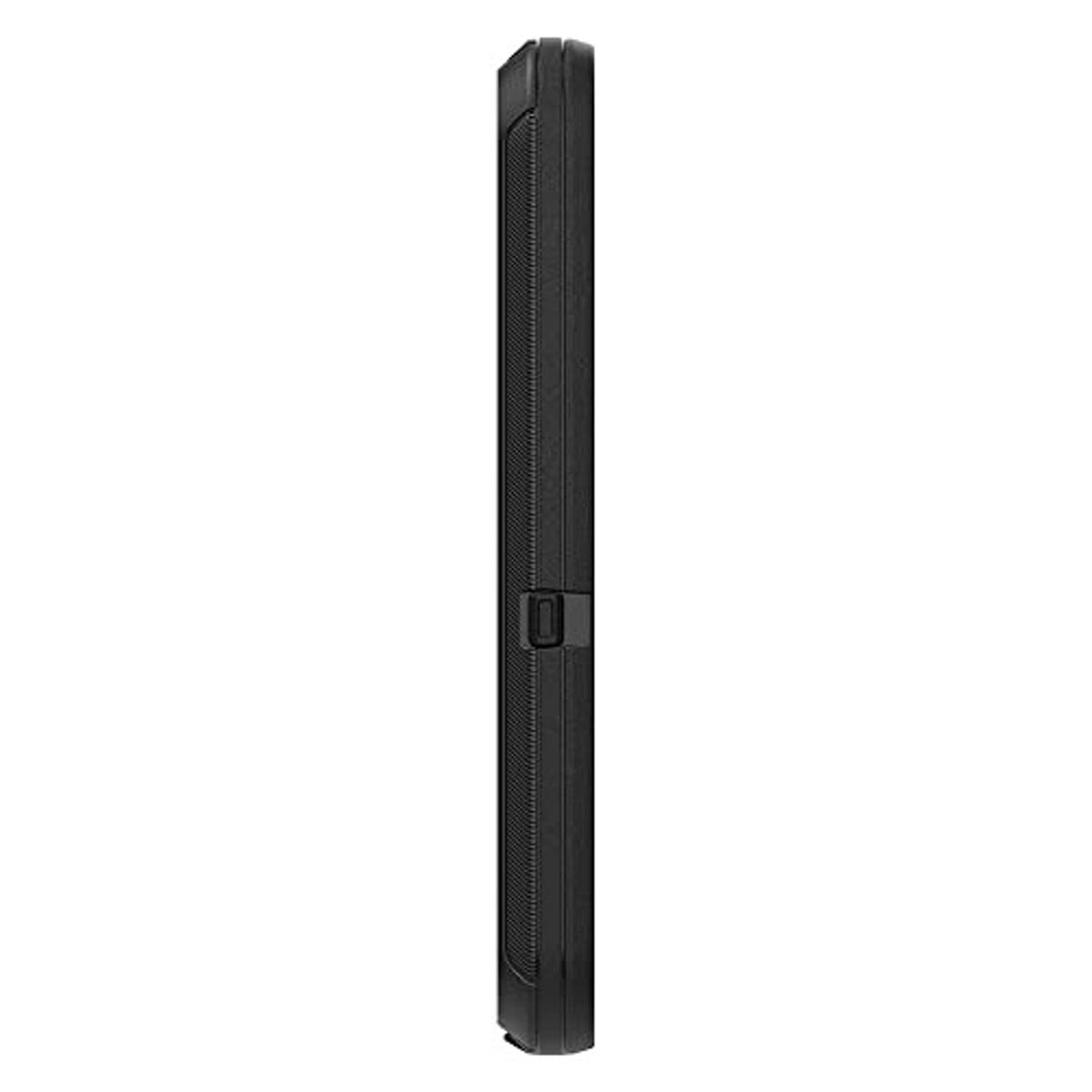 Black rugged phone case side view with textured edge and port cutout