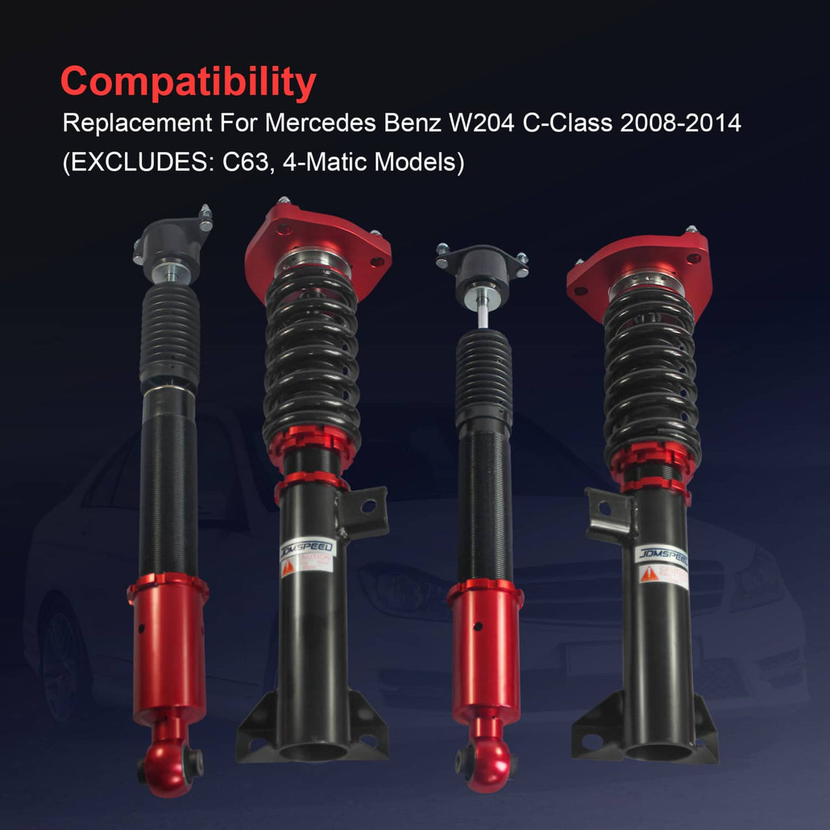 Four-piece coilover suspension kit with red upper mounts and black spring assemblies