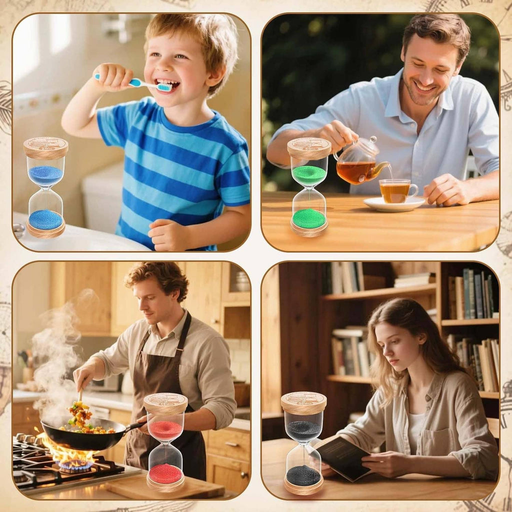 Wooden hourglass sand timer with blue sand, used by children during play