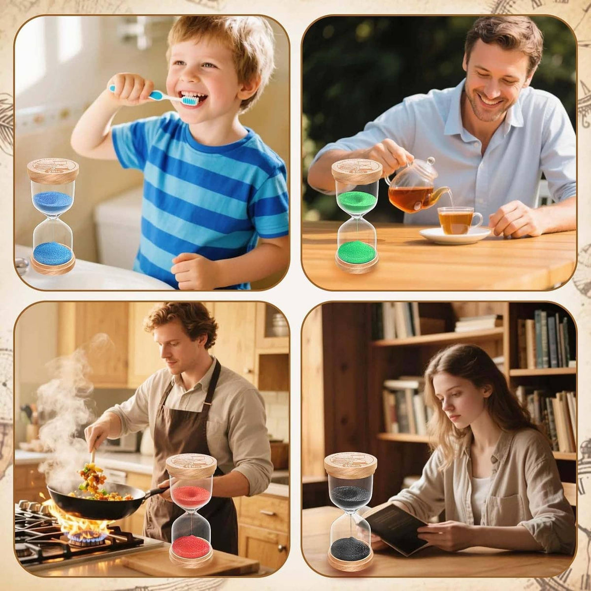 Wooden hourglass sand timer with blue sand, used by children during play