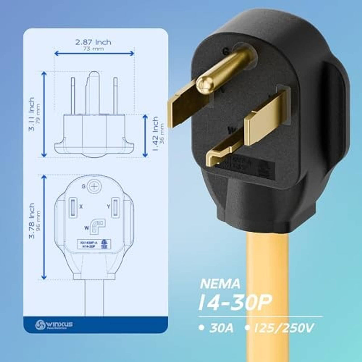 NEMA 14-30P adapter plug, four prongs with gold contacts, 30A rating