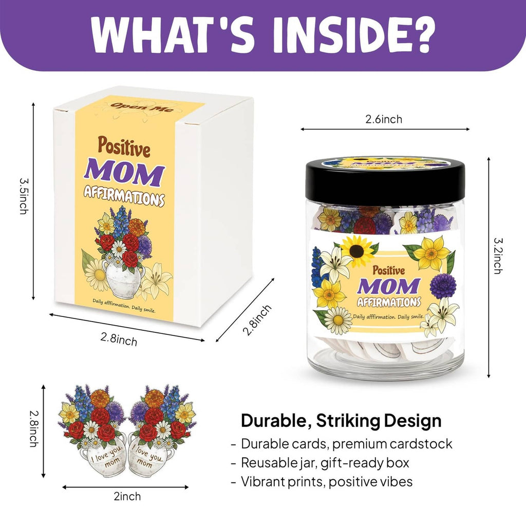 Mom affirmation jar gift set with box and size diagram for cards and jar