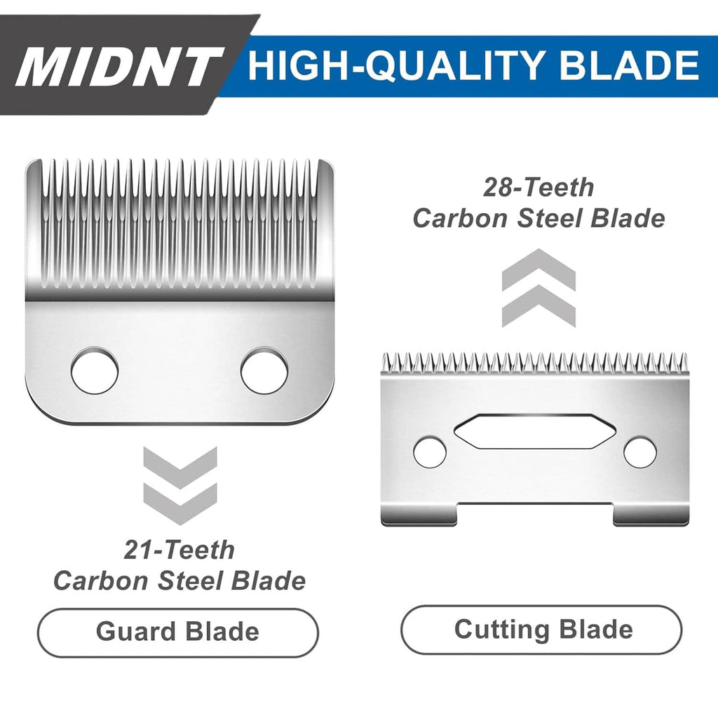 Replacement clipper blade set showing 28-tooth and 21-tooth carbon steel guard/cutting blades