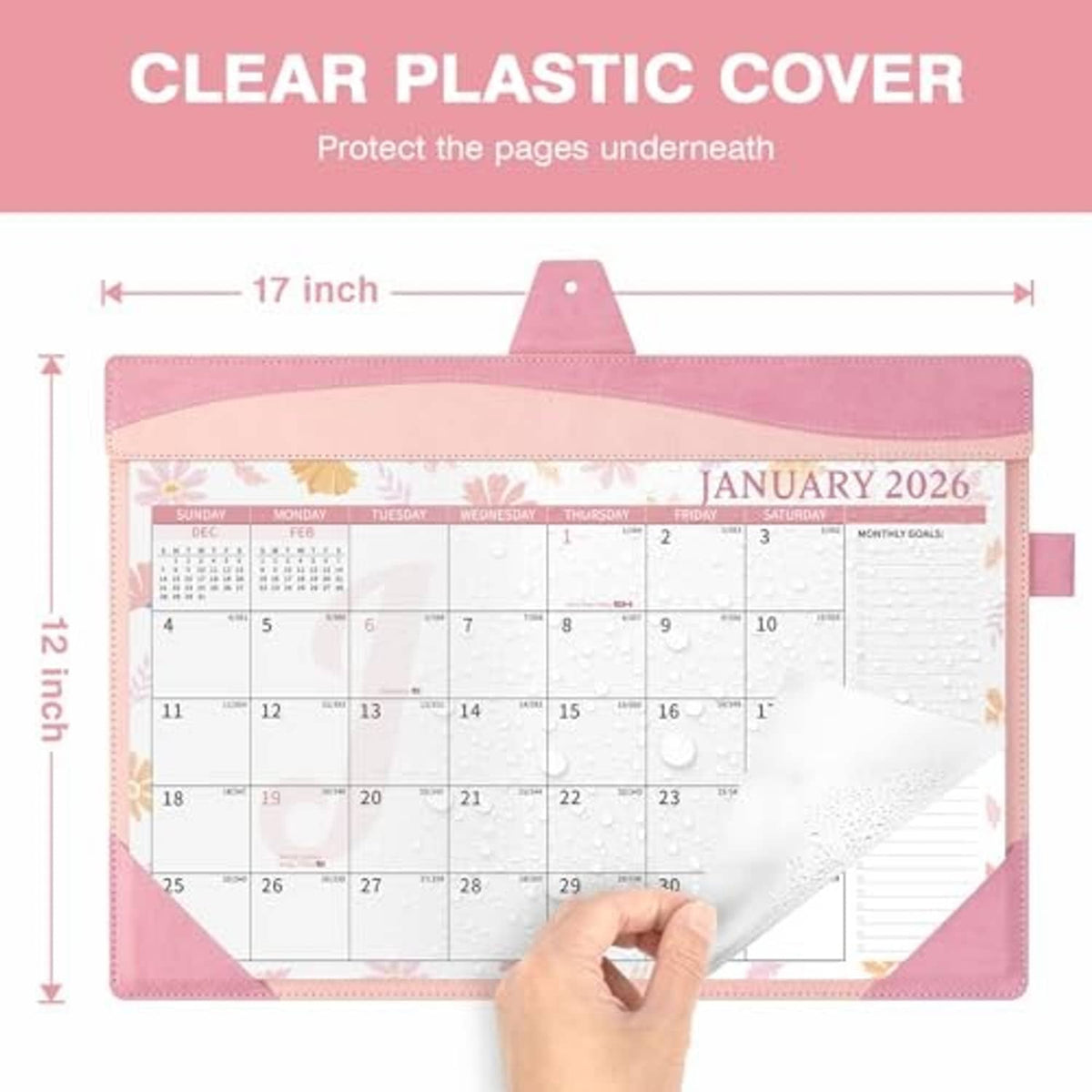 Pink leather wall calendar in clear plastic cover, 17-inch wide with hand lifting page