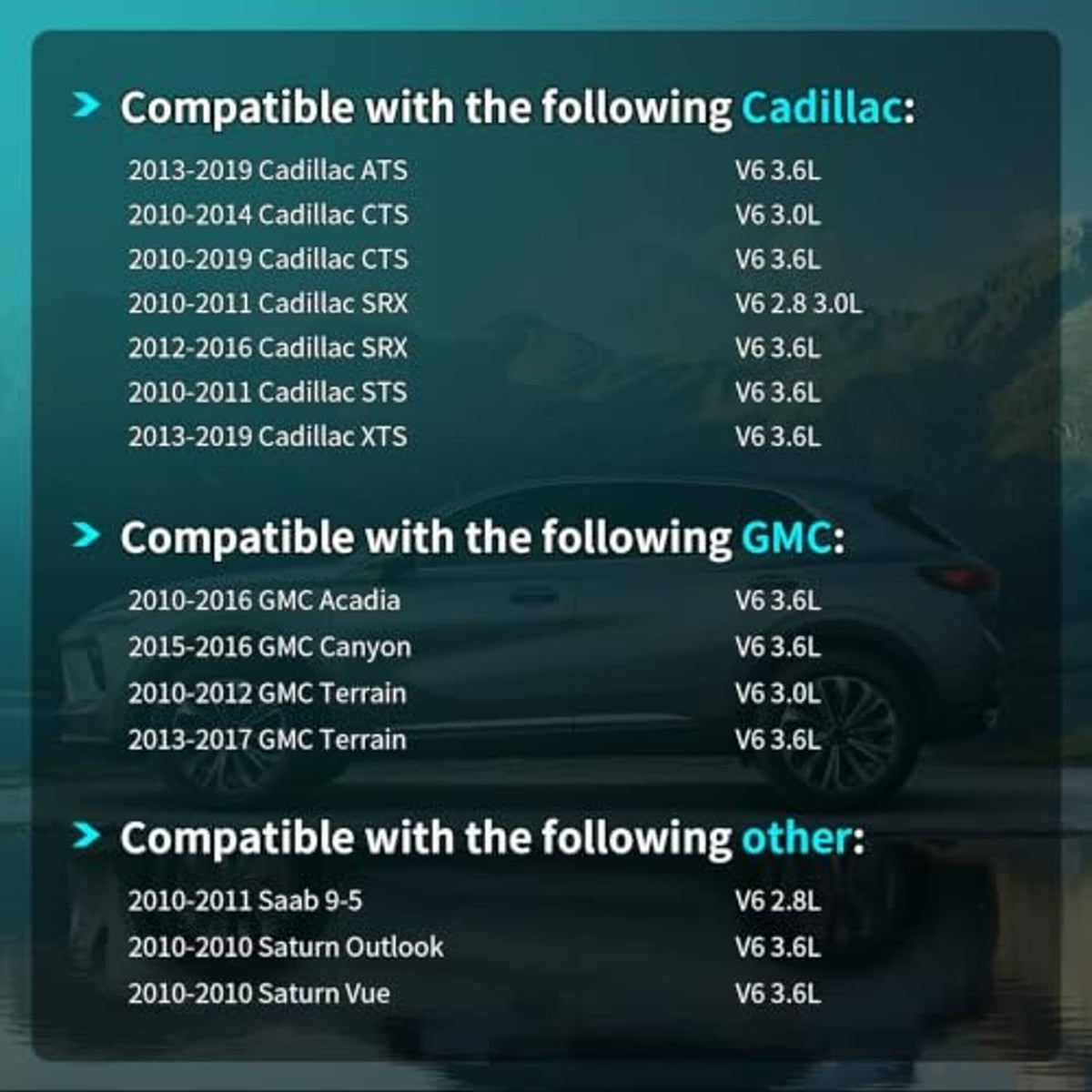 Compatibility guide for camshaft position sensors listing Cadillac, GMC, and other vehicles