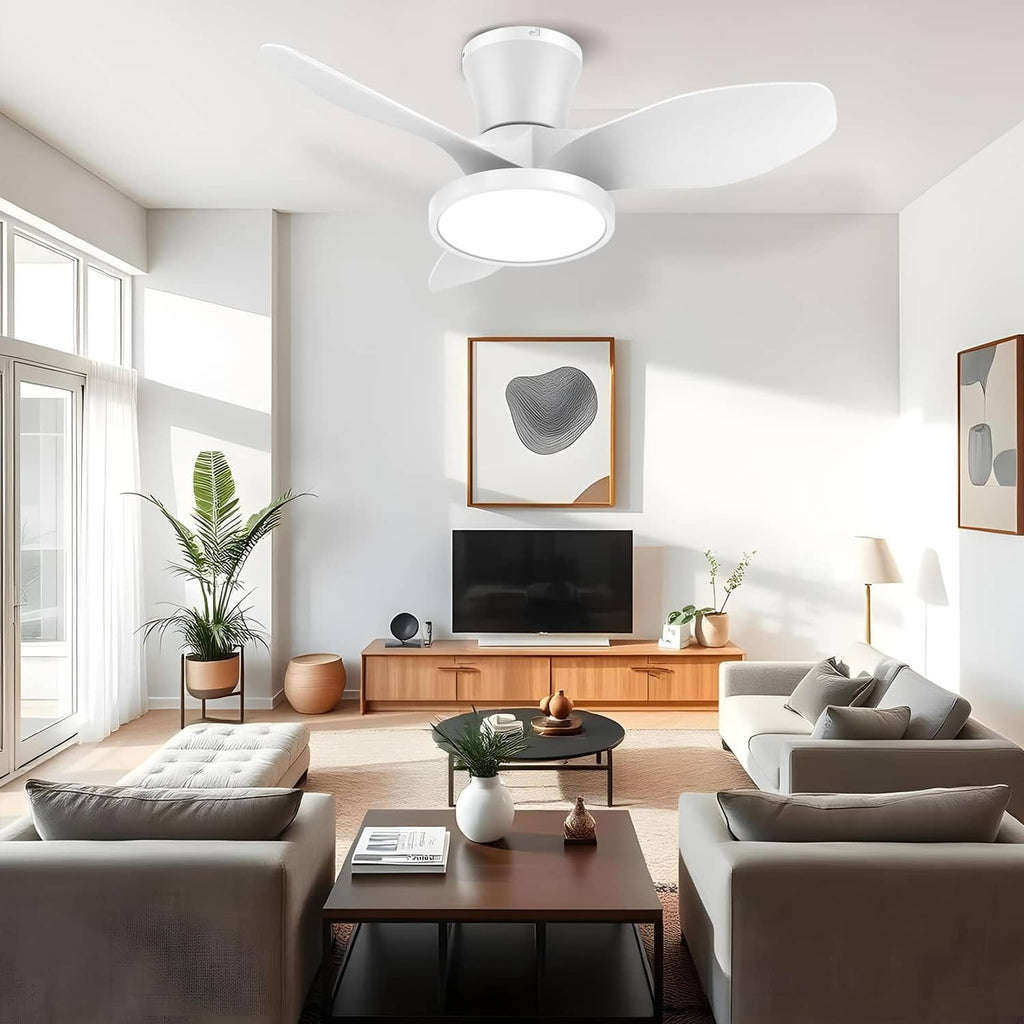 White ceiling fan with LED light mounted in a modern living room