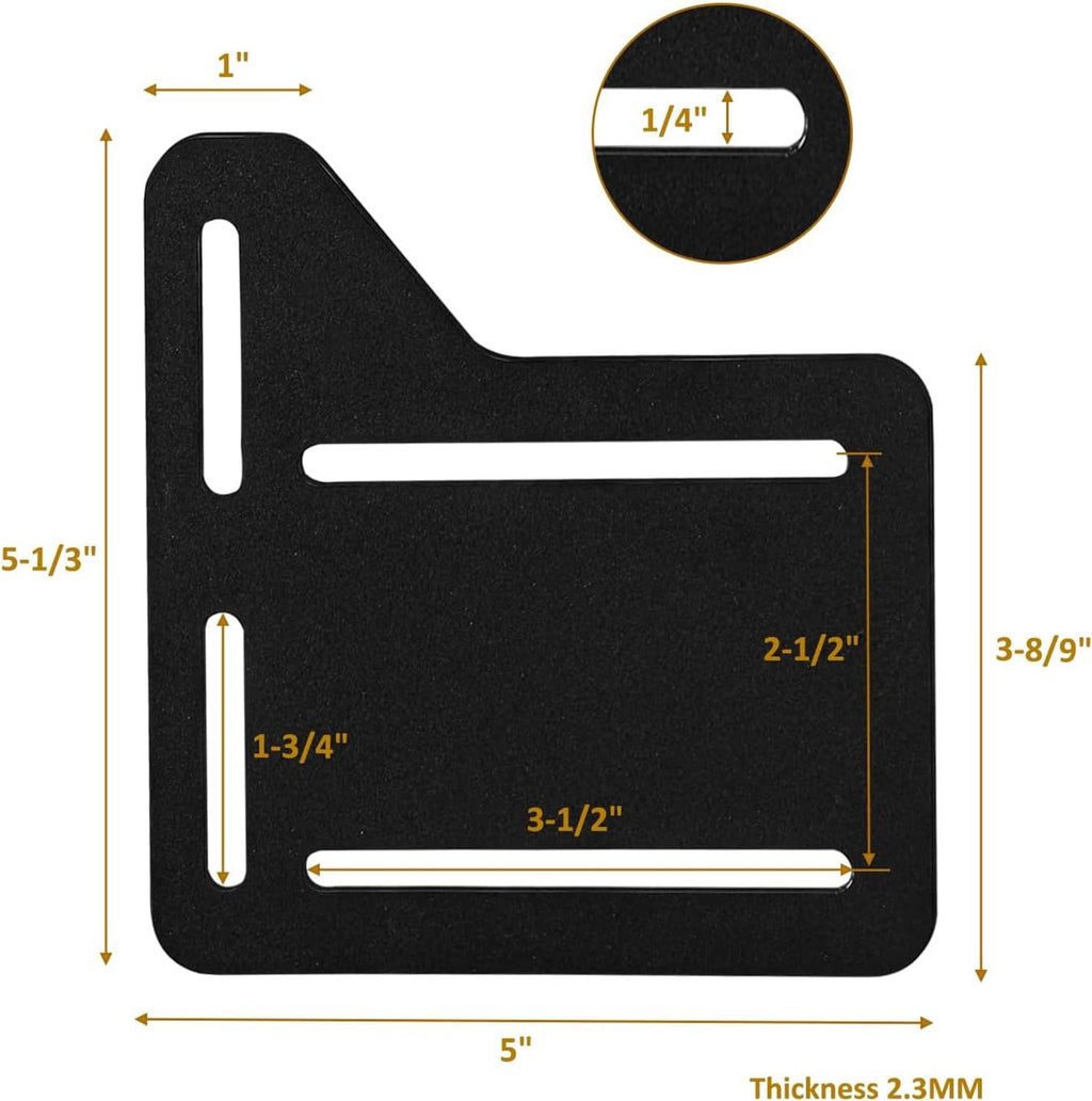 Black metal bed frame adapter bracket with size measurements and rounded corner cutouts