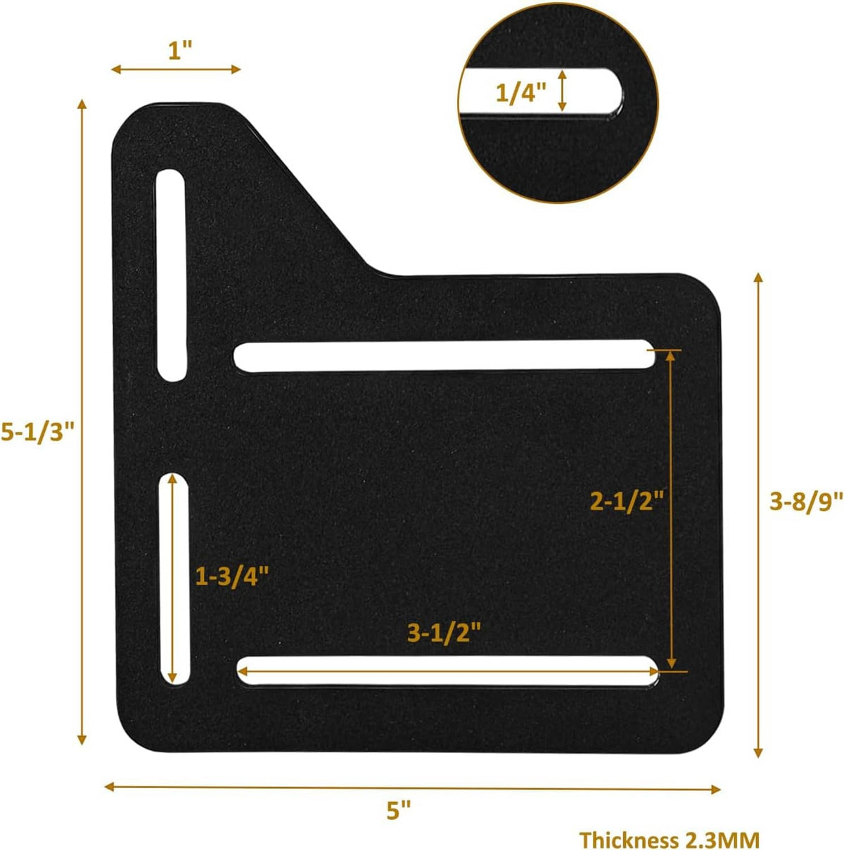 Black metal bed frame adapter bracket with size measurements and rounded corner cutouts