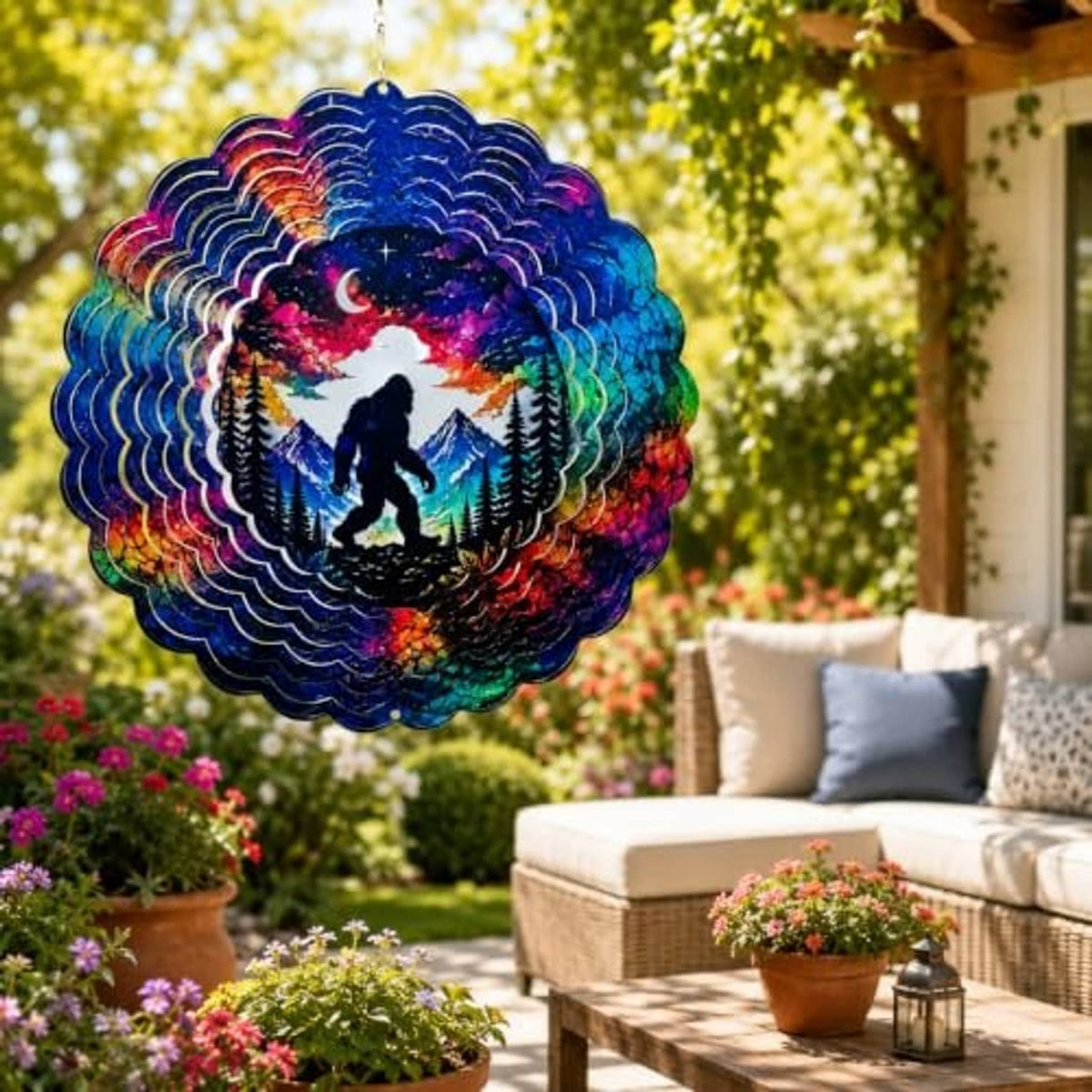 Bigfoot wind spinner hanging on patio garden backdrop with moon and pine trees design