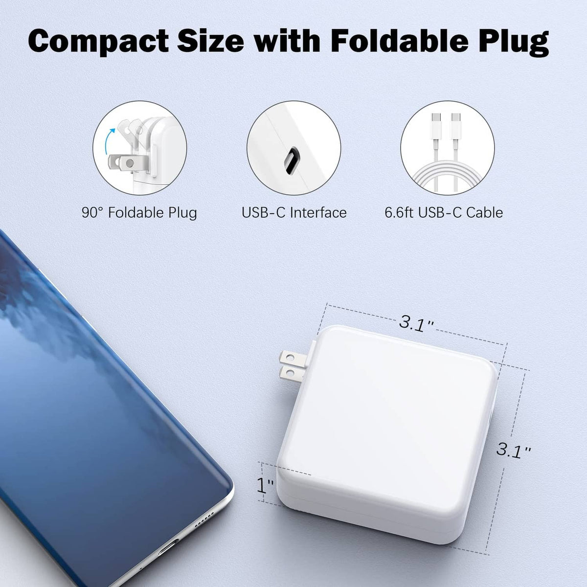 White compact USB-C charger with foldable 90° plug and USB-C interface