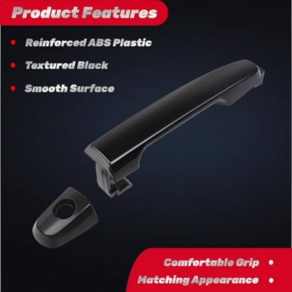 Black exterior door handle with smooth curved grip and textured ABS finish; accessory piece shown.