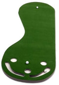 Dark green golf putting green mat with five cup holes and curved training lanes