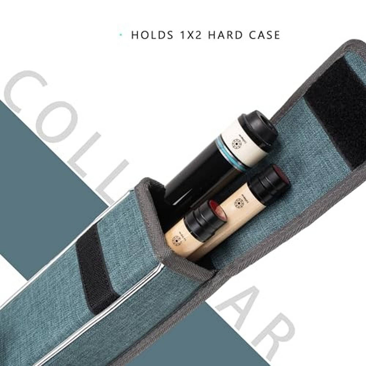 Teal cue case with black zipper trim and compartments for 1 butt and 2 shafts