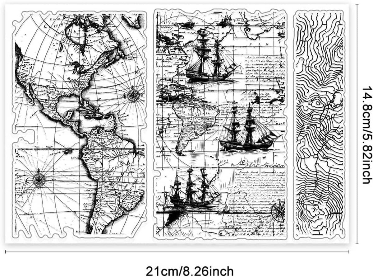 Clear silicone stamp sheet with vintage maps, sailboats, and topographic contour stripes