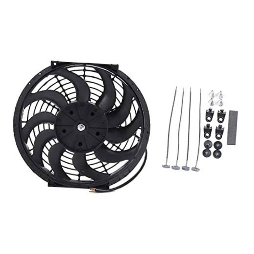 Black 12-inch electric radiator cooling fan with mounting screws and brackets