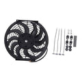 Black 12-inch electric radiator cooling fan with mounting screws and brackets
