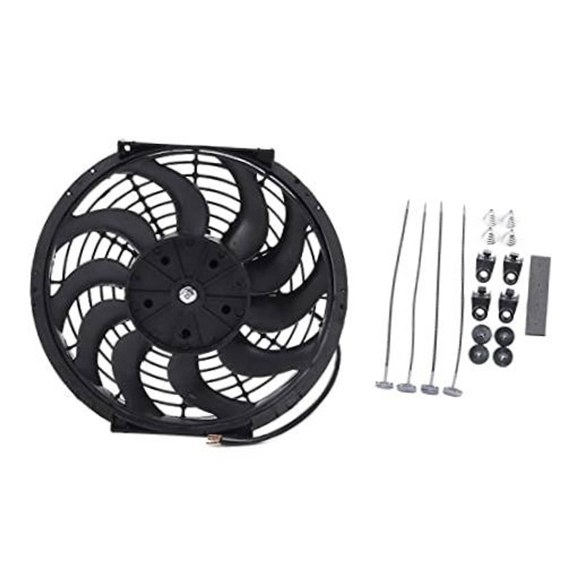 Black 12-inch electric radiator cooling fan with mounting screws and brackets