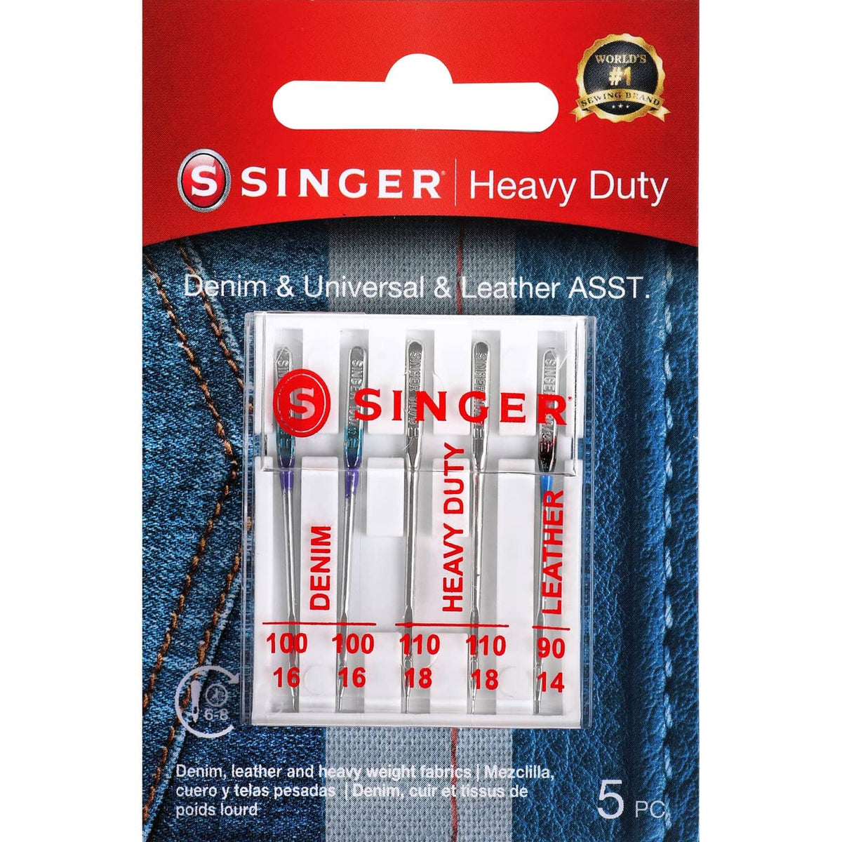 Singer universal heavy duty sewing machine needles, 5-count blister pack with size labels