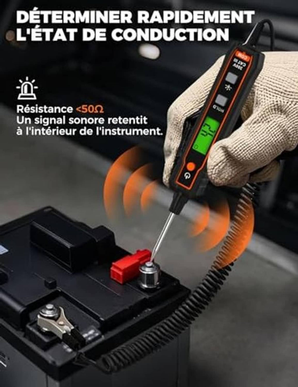 Automotive circuit tester probe at a metal contact, LCD screen lit
