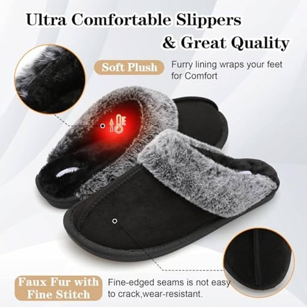Black slide slippers with gray faux-fur band and thick cushioned sole