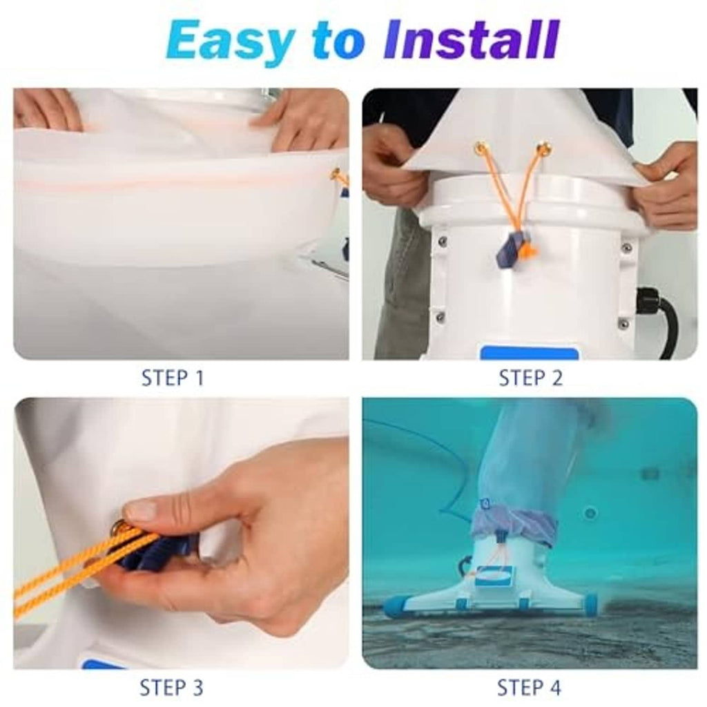White mesh debris bag being secured to pool cleaner, orange drawstring and clamp